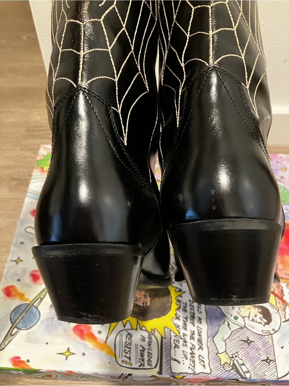 Jeffrey Campbell Black Cowboy Boots with White Spider Web Stitching - Picture 6 of 10